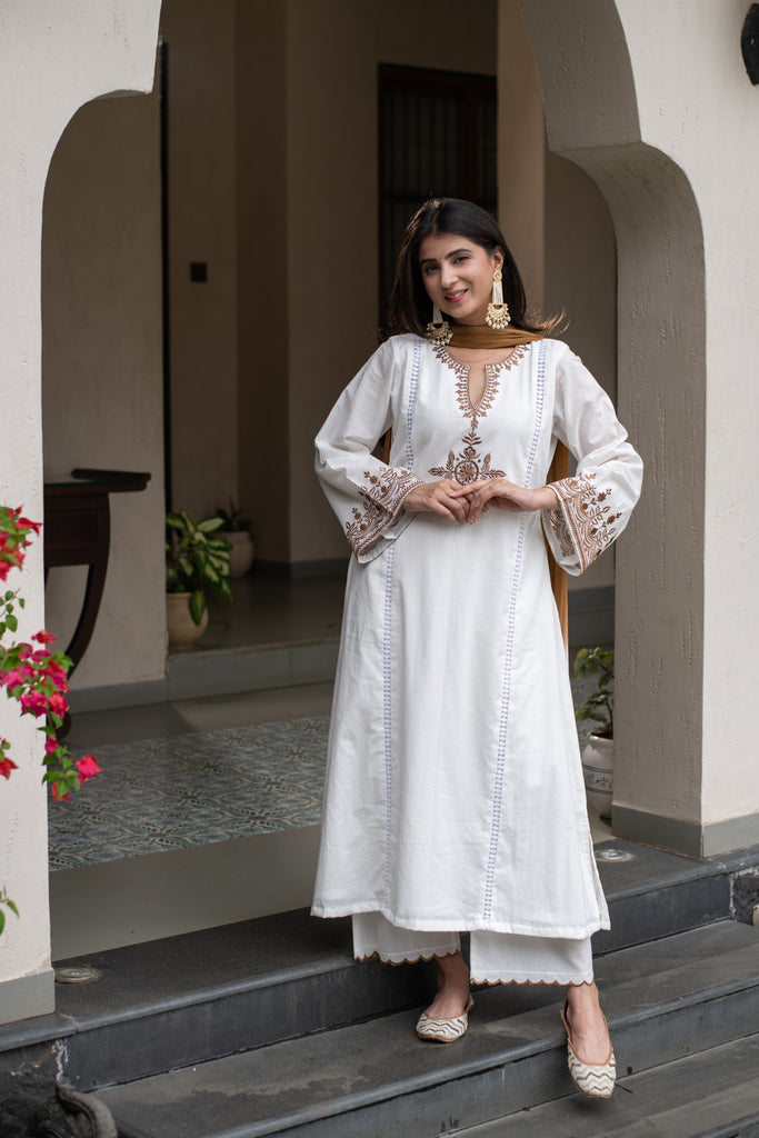 Women's White Emb A Line Kurta Set