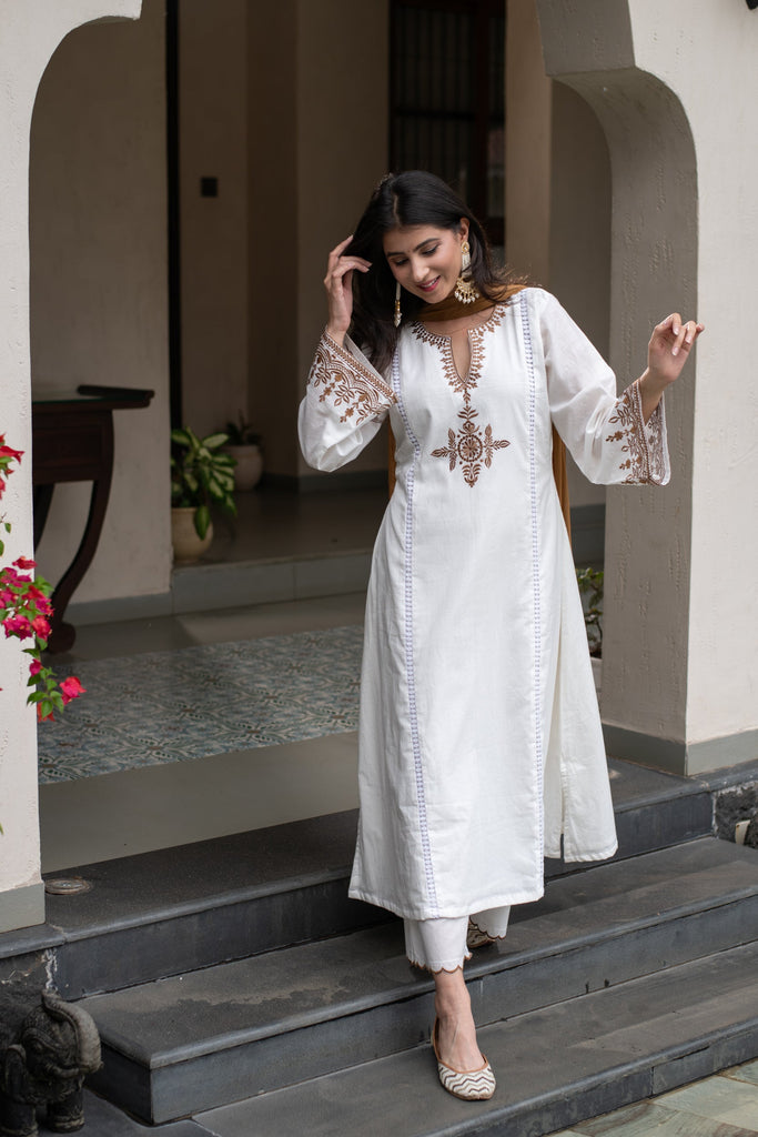 Women's White Emb A Line Kurta Set