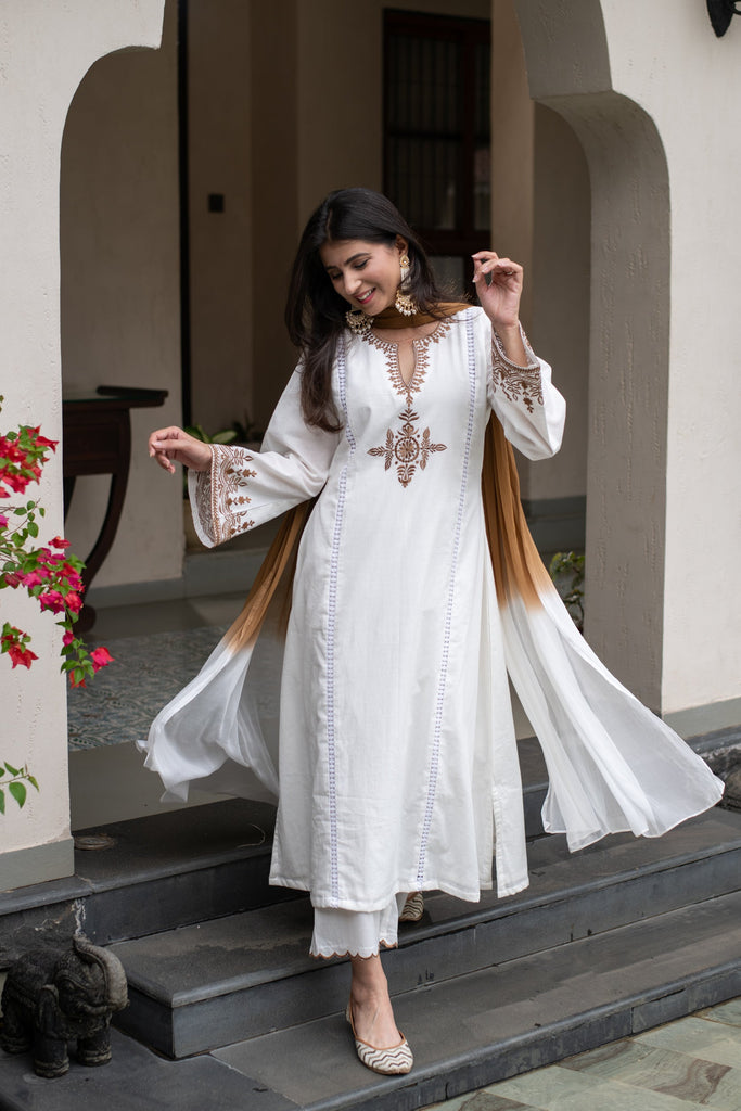 Women's White Emb A Line Kurta Set