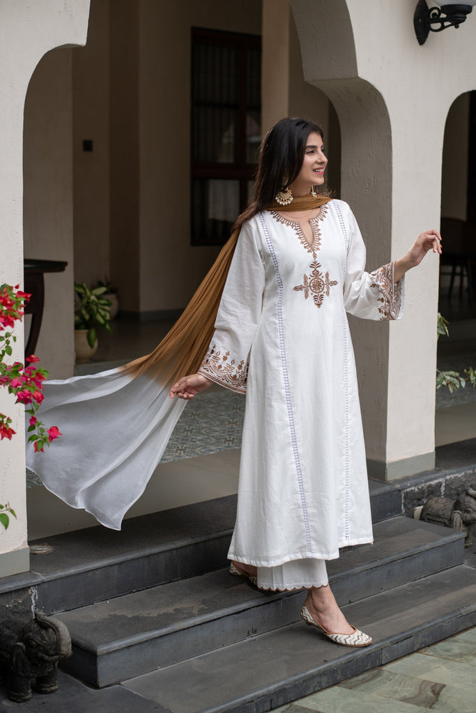 Women's White Emb A Line Kurta Set