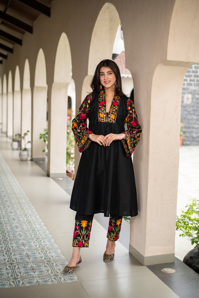 Women's Black Floral Emb Co-Ord Set