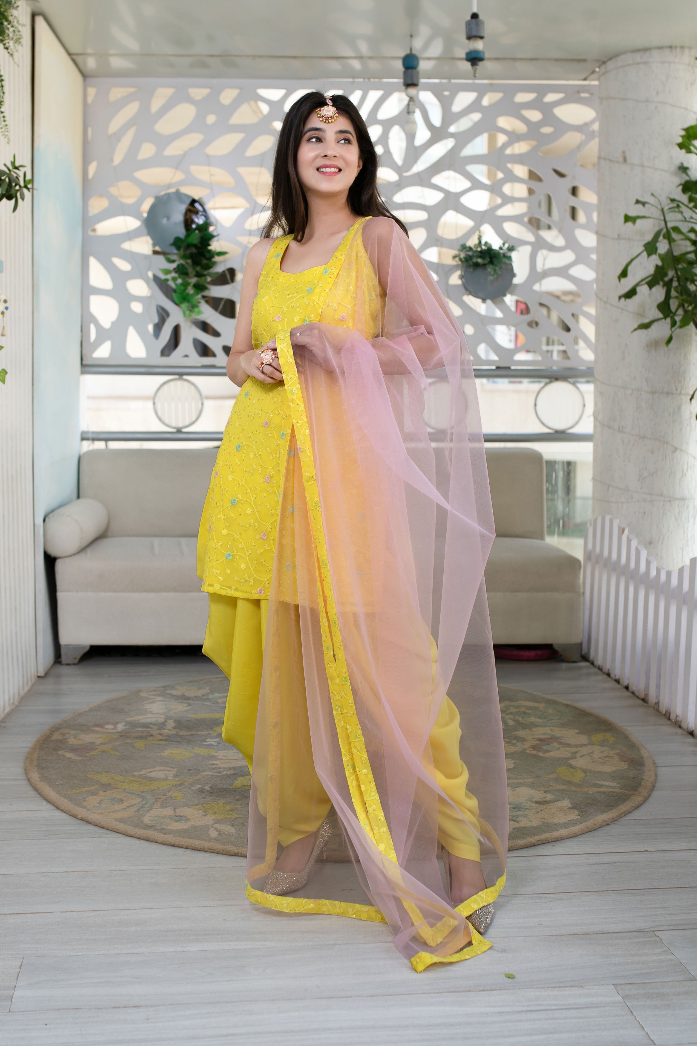Women's Yellow And Pink Patiala Set (3pc