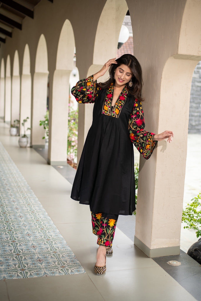 Women's Black Floral Emb Co-Ord Set