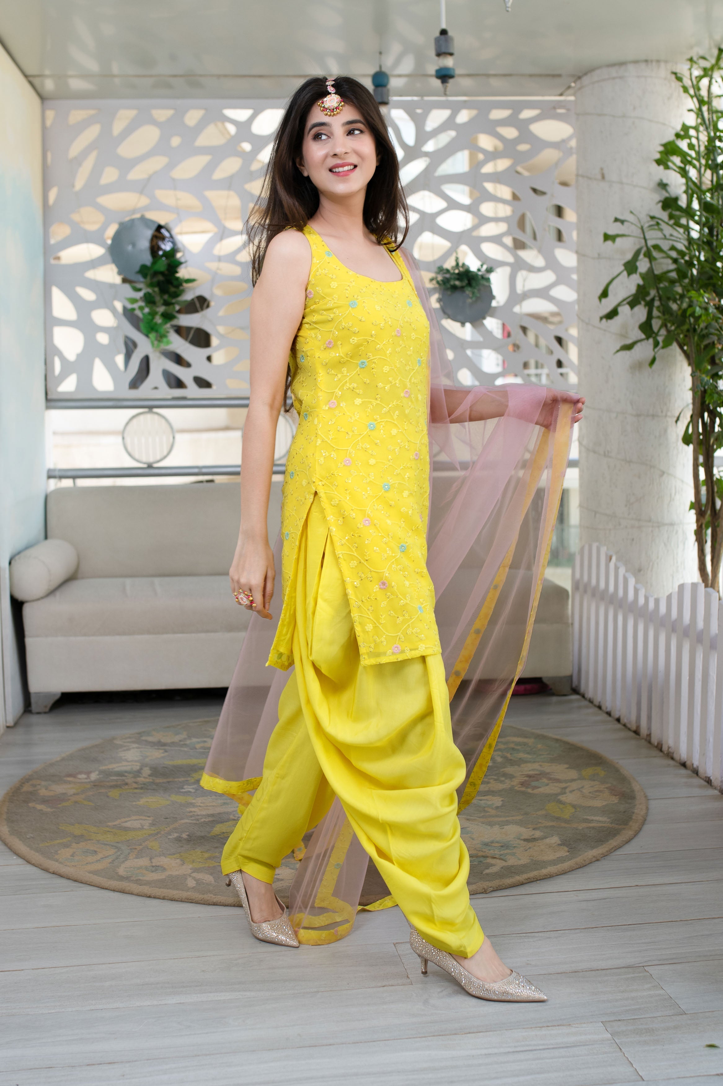 Women's Yellow And Pink Patiala Set (3pc