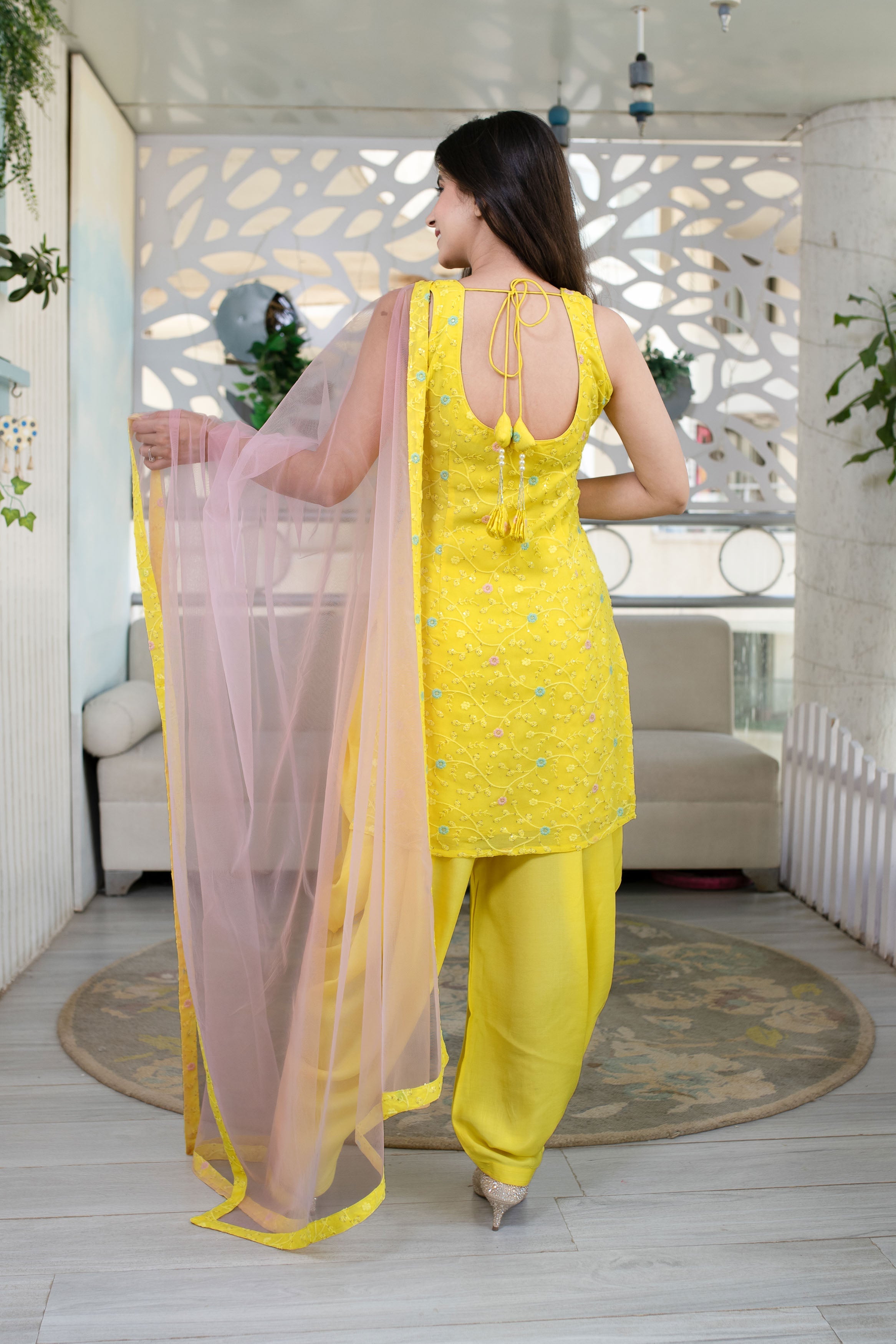Women's Yellow And Pink Patiala Set (3pc
