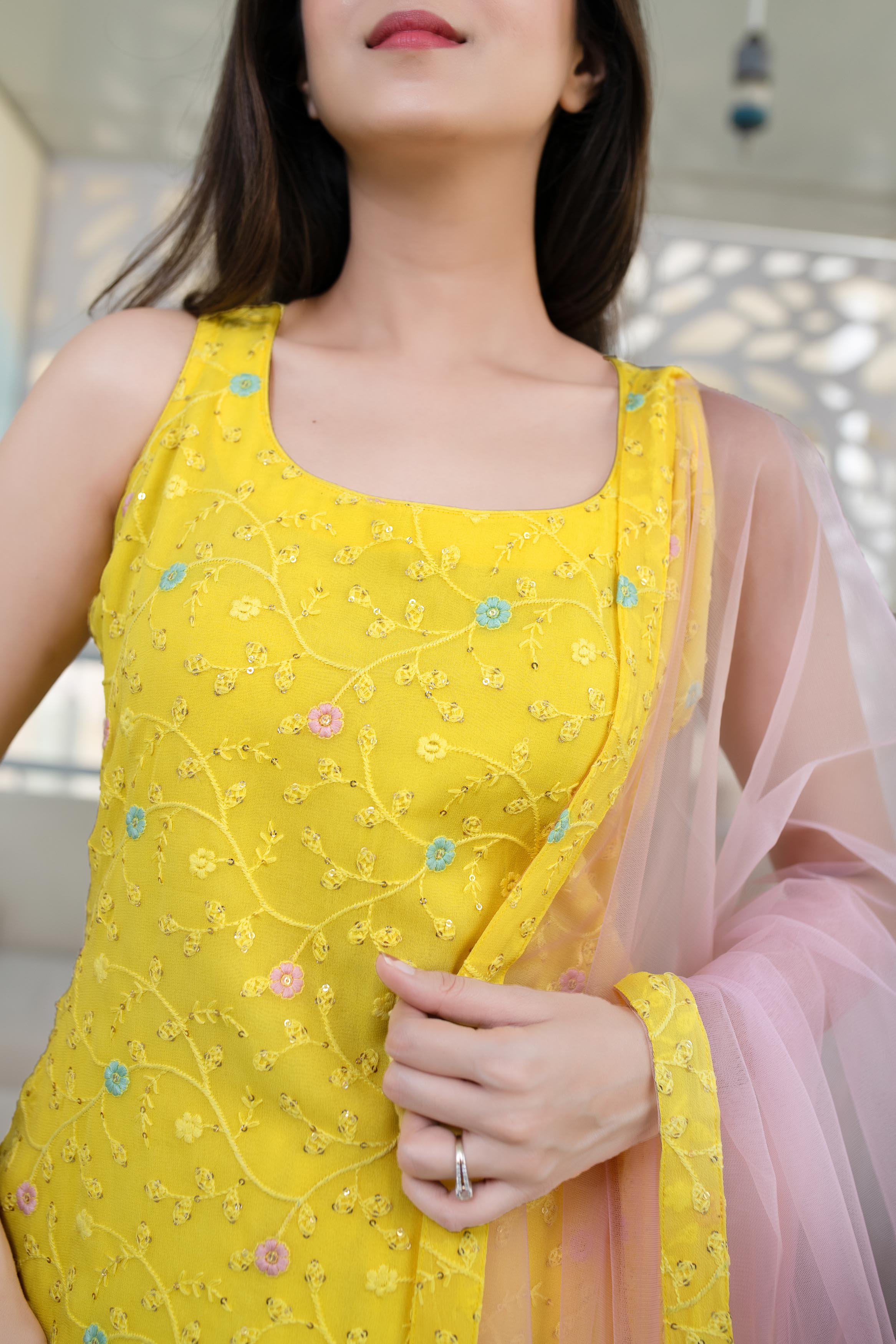 Women's Yellow And Pink Patiala Set (3pc