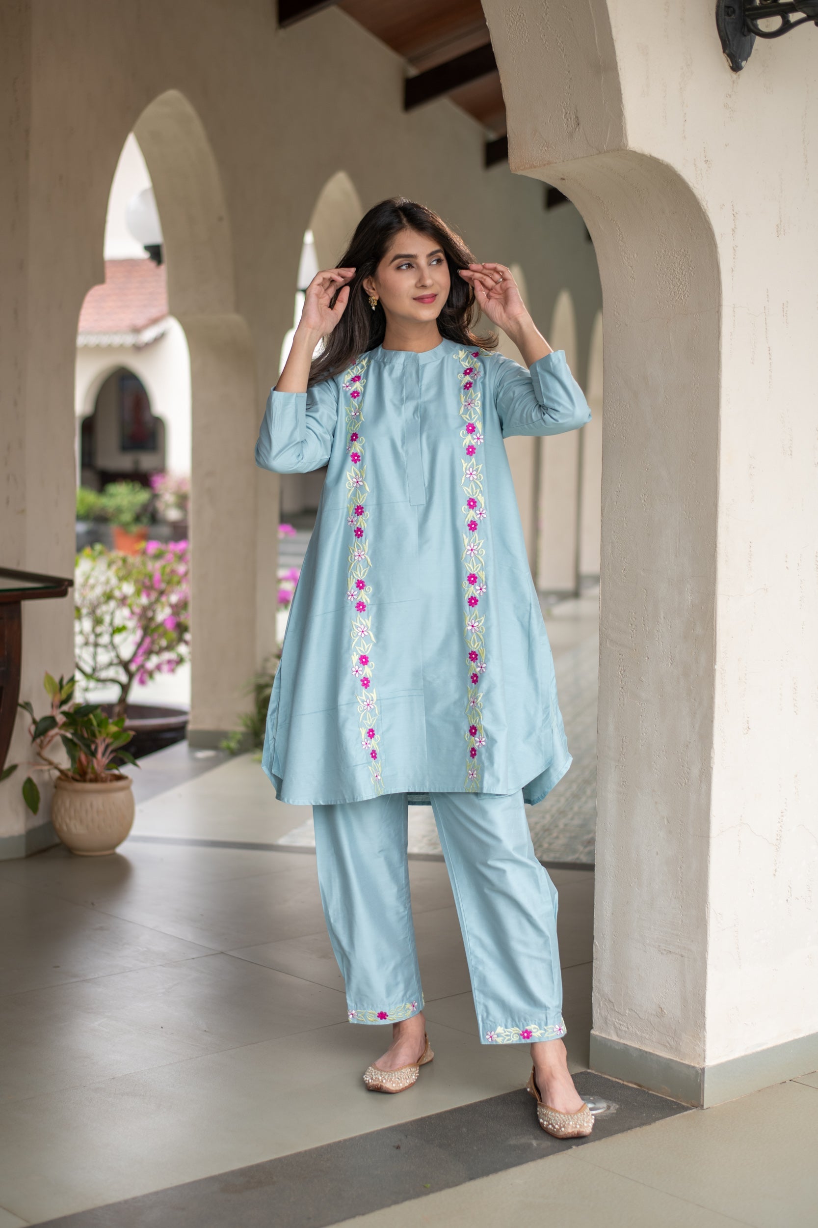 Women's Powder Blue Floral Emb Co-Ord Set