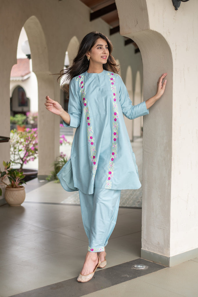 Women's Powder Blue Floral Emb Co-Ord Set