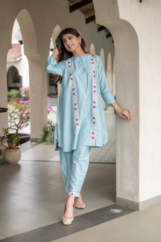 Women's Powder Blue Floral Emb Co-Ord Set