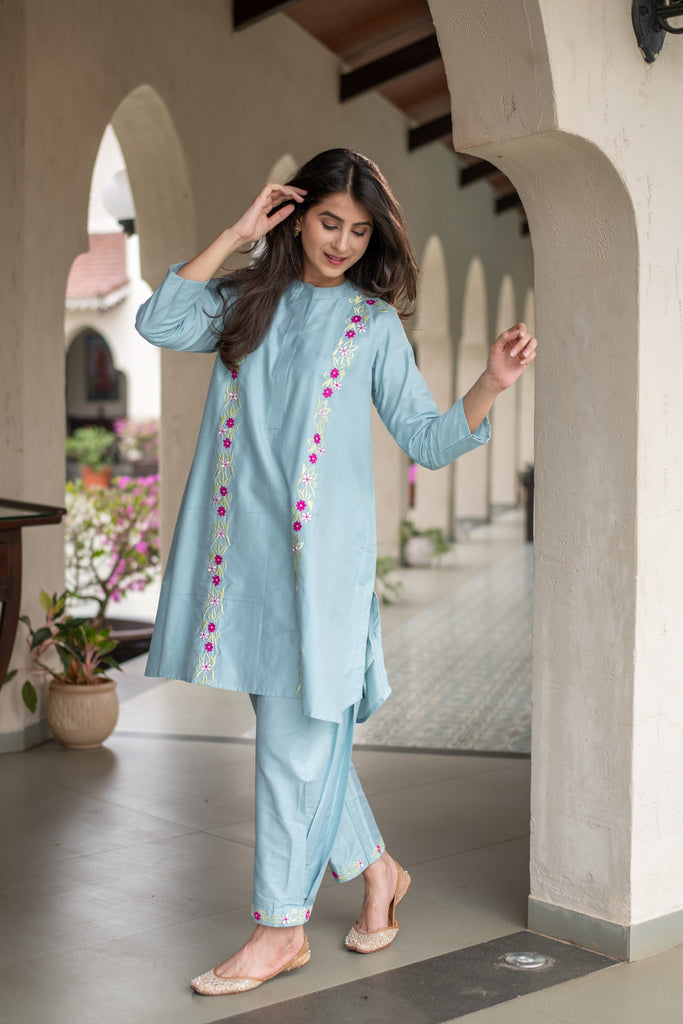 Women's Powder Blue Floral Emb Co-Ord Set