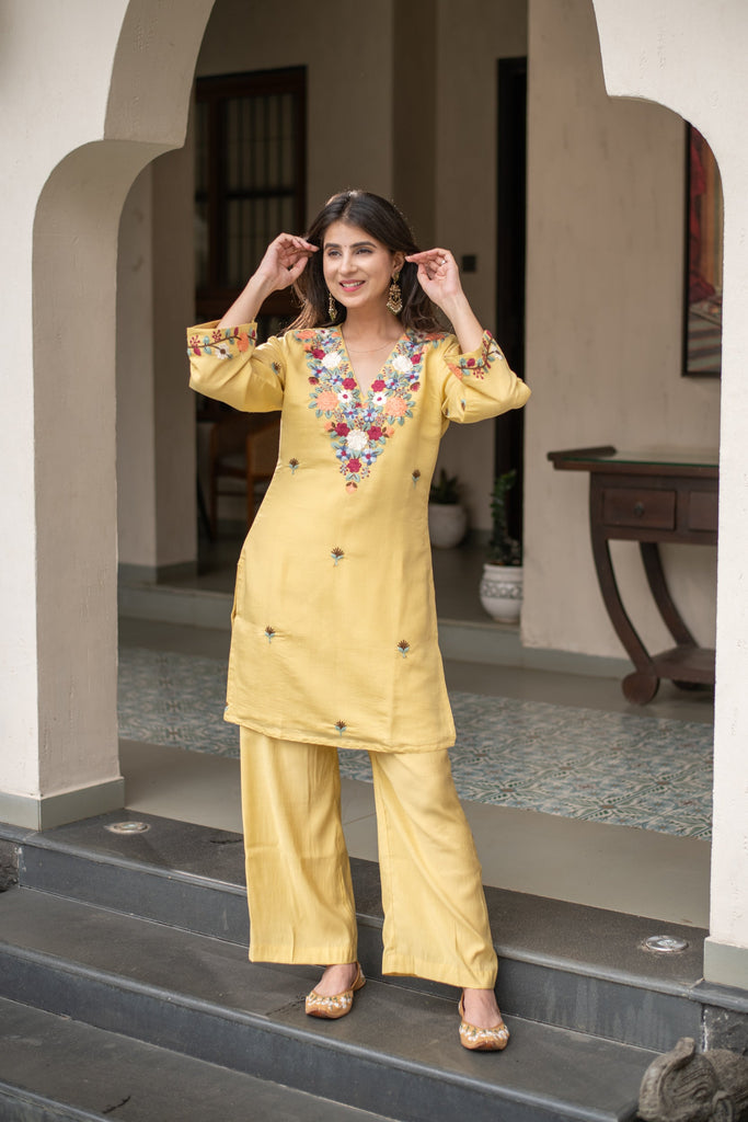 Women's Floral Mustard Emb Co-Ord Set