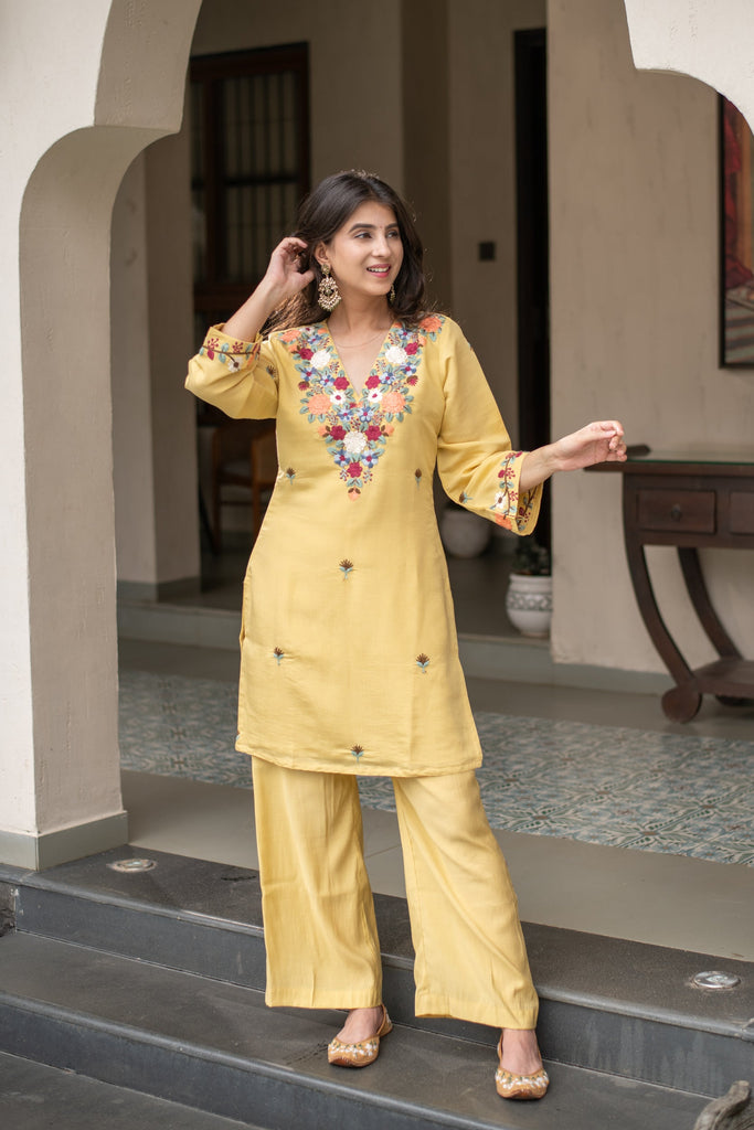 Women's Floral Mustard Emb Co-Ord Set