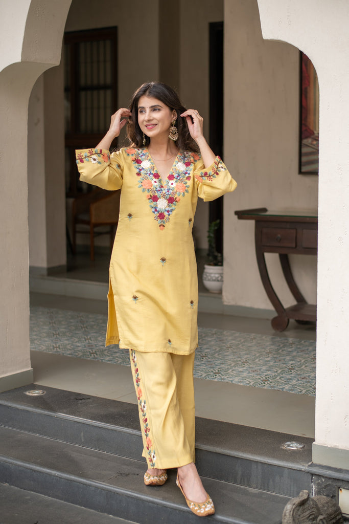 Women's Floral Mustard Emb Co-Ord Set