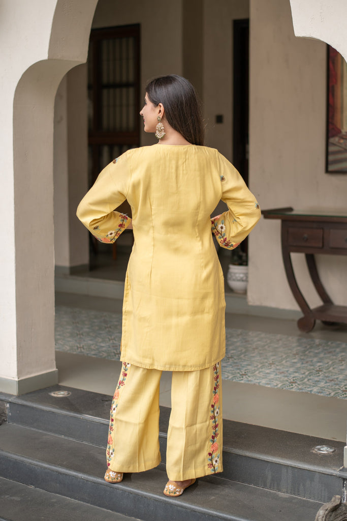 Women's Floral Mustard Emb Co-Ord Set