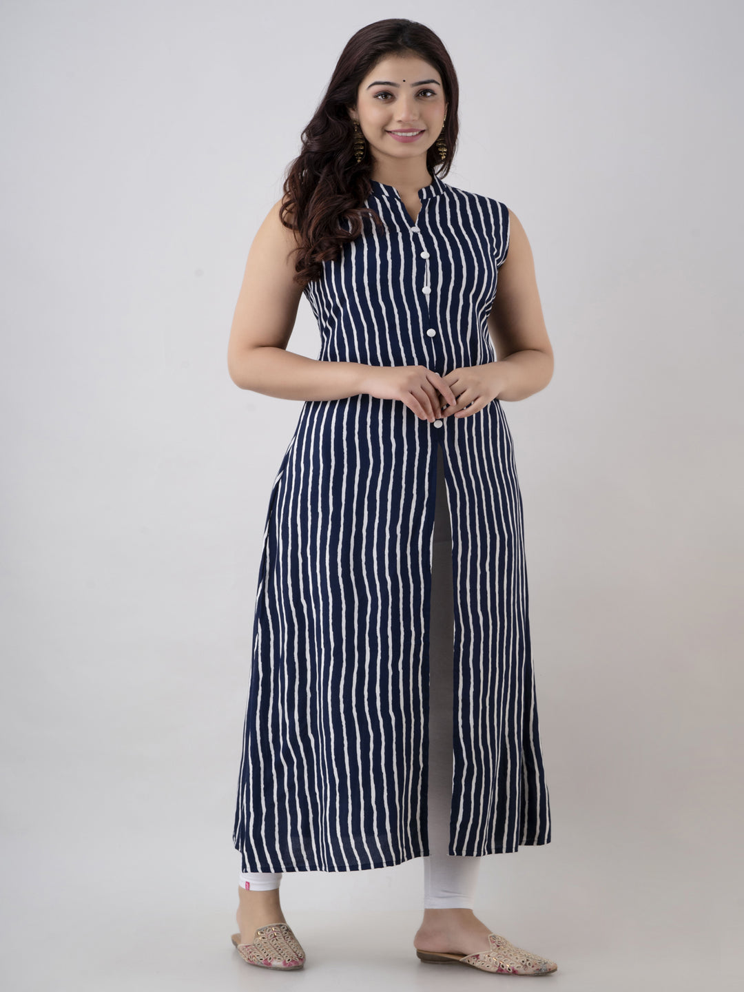 Women's Stripe Print Frontslit Kurti In Blue - Jaipurite