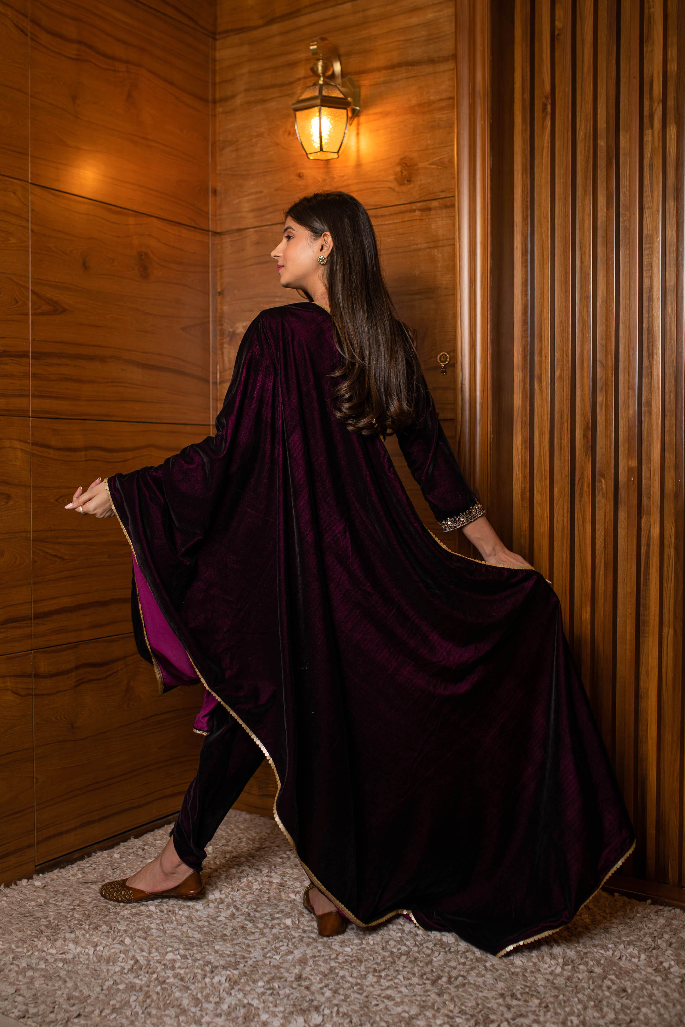 Women's Wine Velvet Dhoti With Hand Work