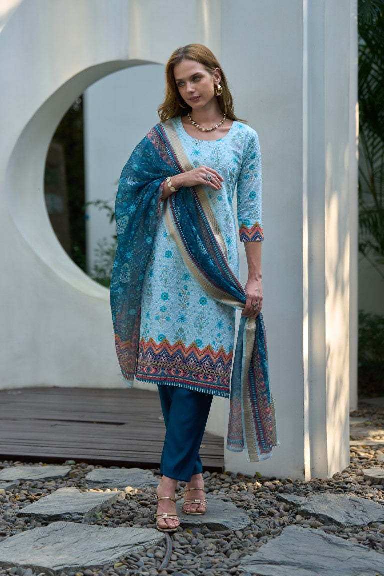 Women's Sky Cotton Chikankari Kurta Set