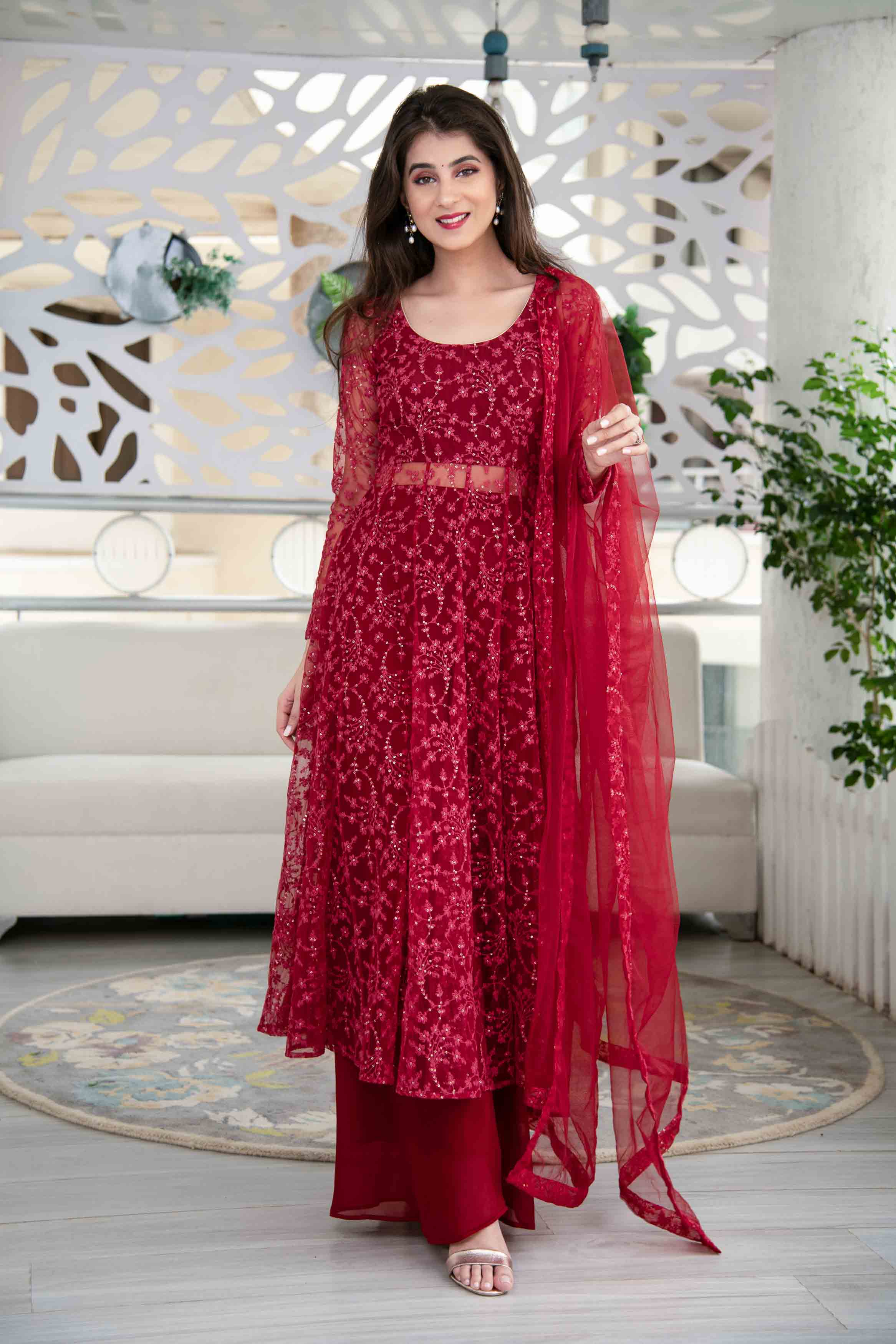 Women's Red Anarkali Suit Set With Palazzo With Net Dupatta - Label Shaurya Sanadhya USA