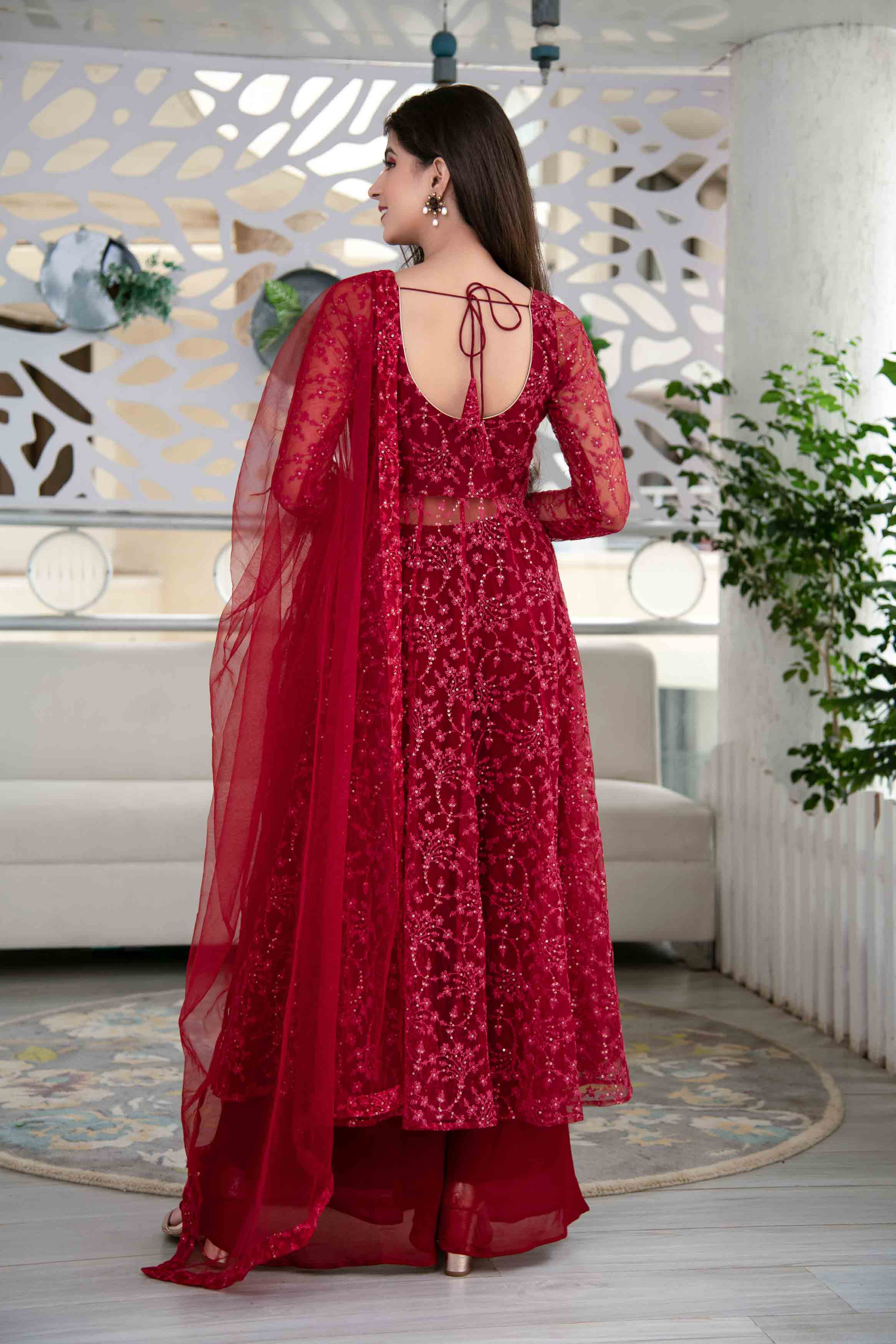 Women's Red Anarkali Suit Set With Palazzo With Net Dupatta - Label Shaurya Sanadhya USA