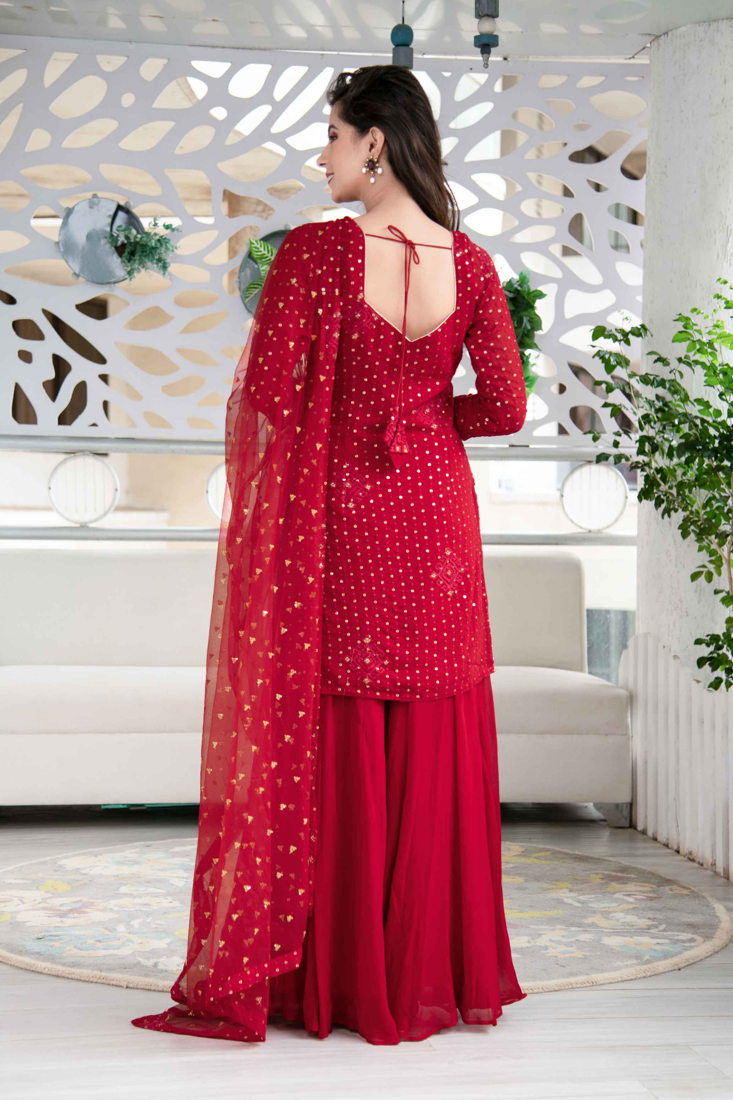 Women's Red Georgette Palazzo Suit Set With Net Dupatta (3 Pc Set) - Label Shaurya Sanadhya USA