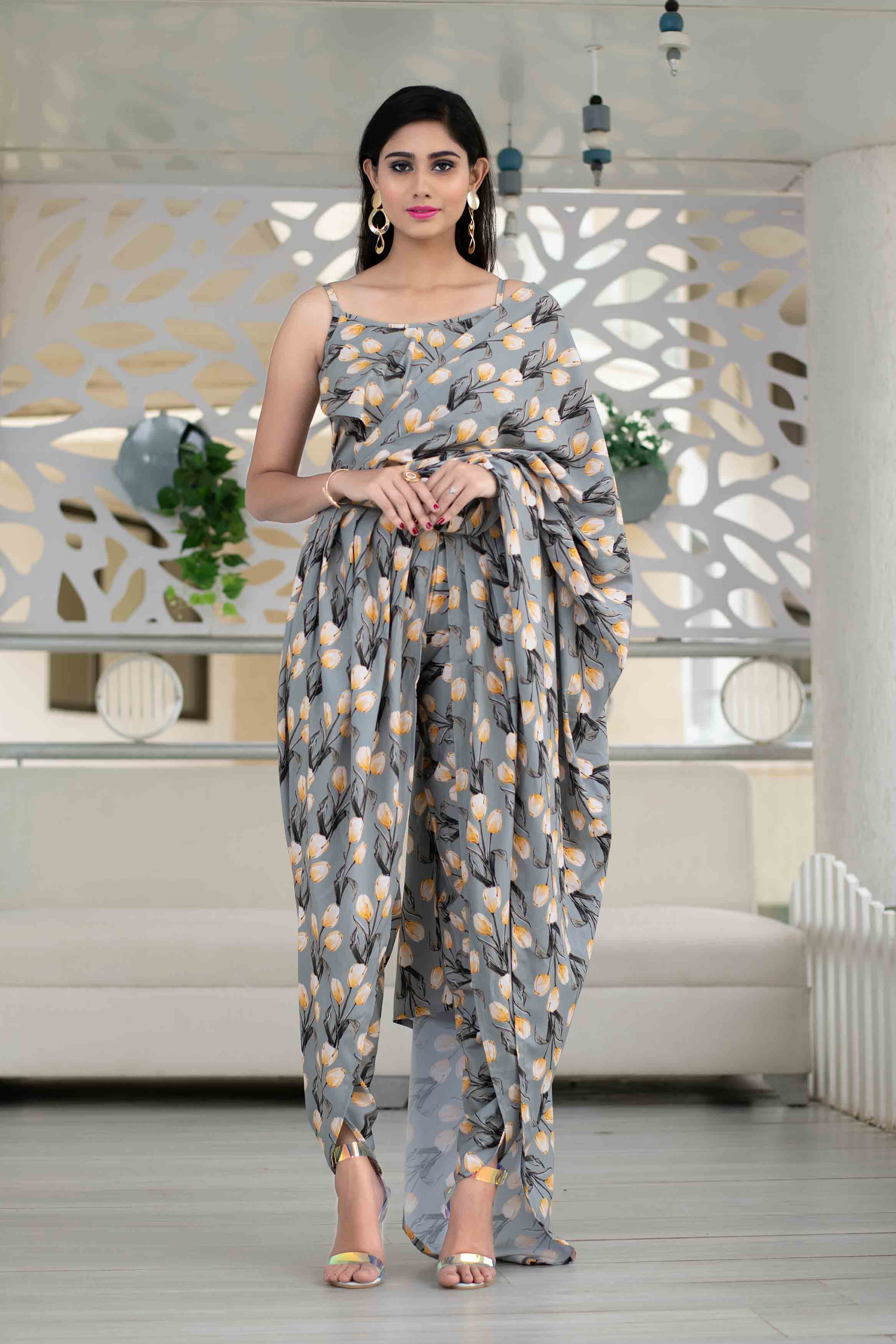 Women's Grey Yellow Indo Western Dhoti Set Of 2 - Final Clearance Sale