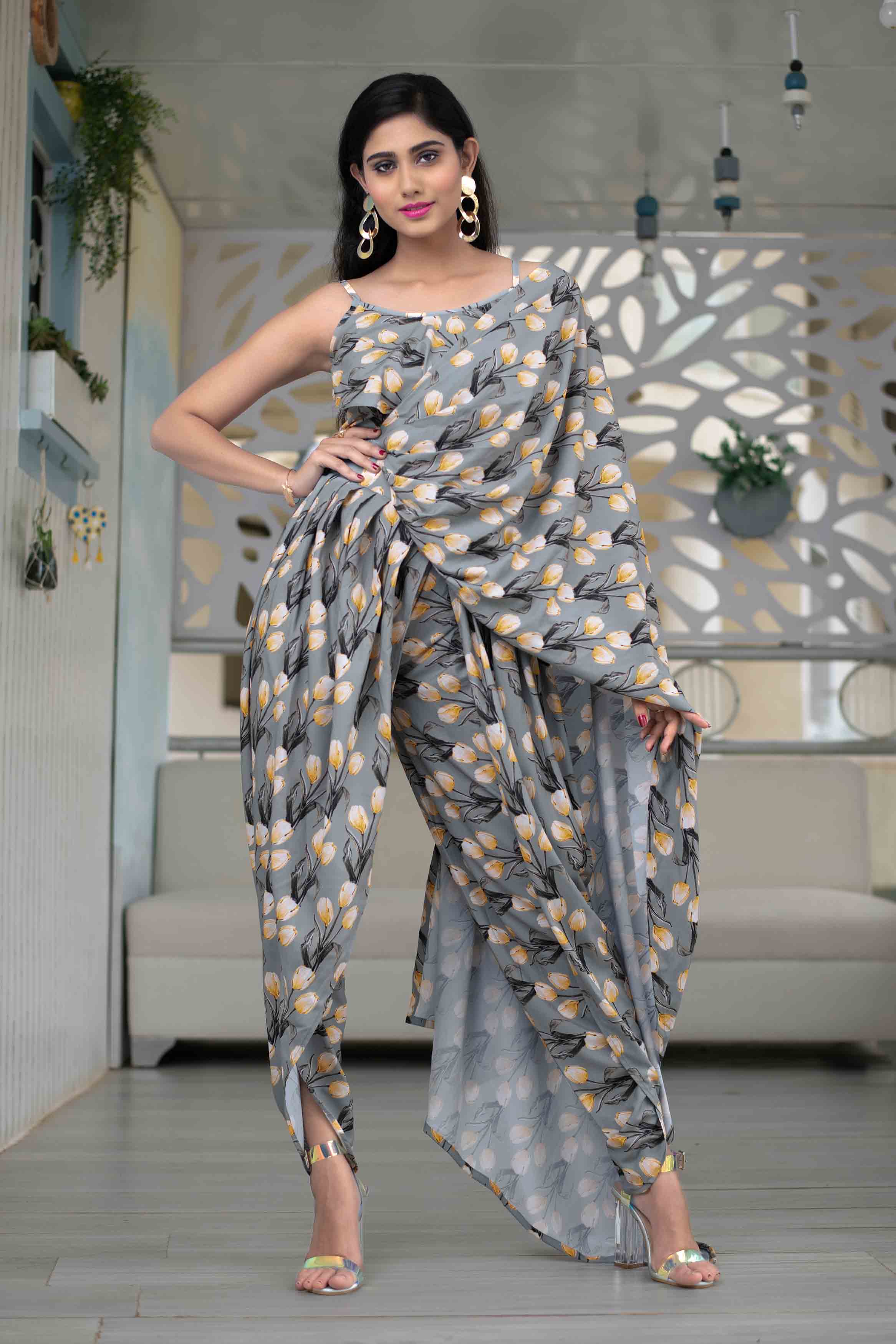 Women's Grey Yellow Indo Western Dhoti Set Of 2 - Label Shaurya Sanadhya USA