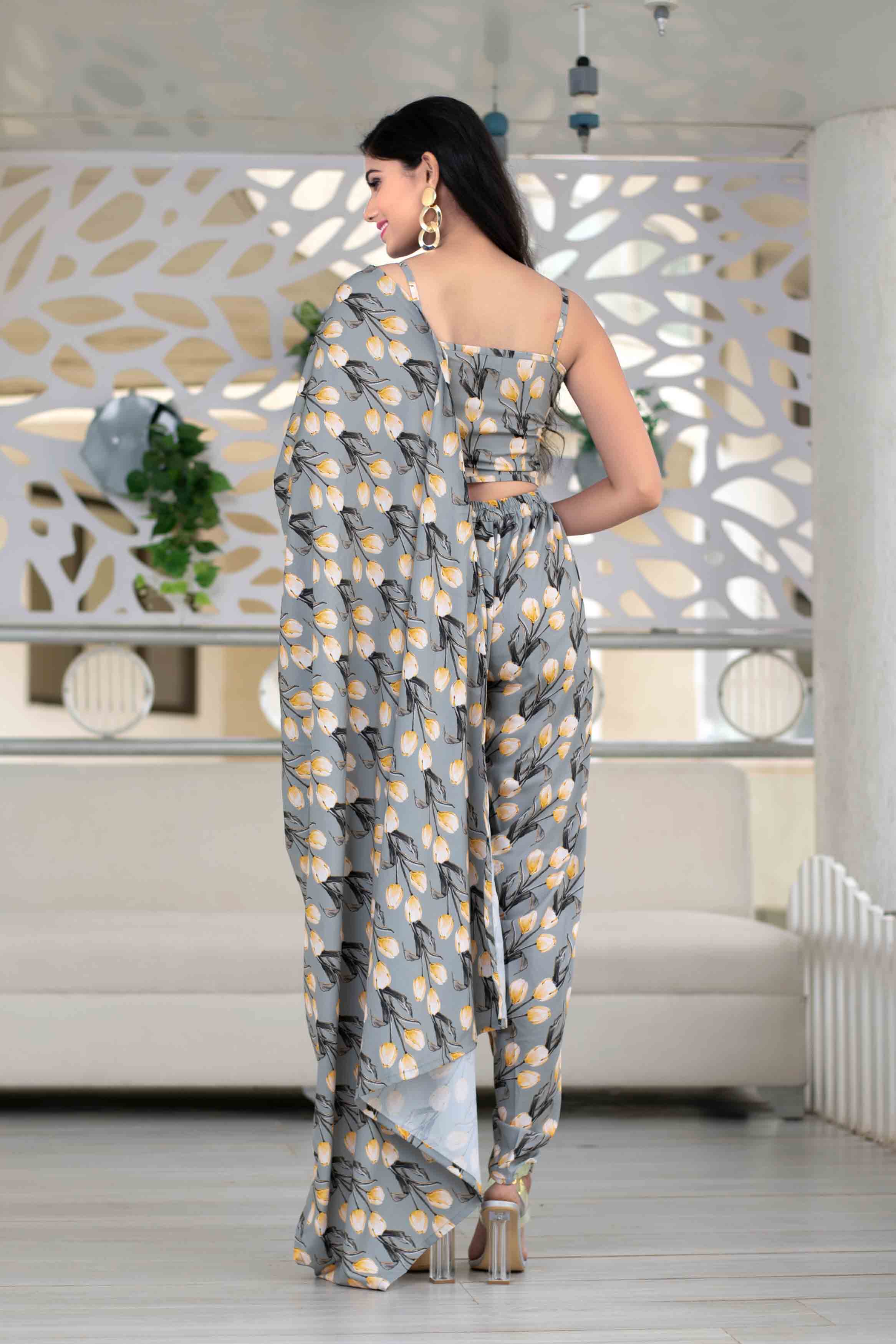 Women's Grey Yellow Indo Western Dhoti Set Of 2 - Final Clearance Sale
