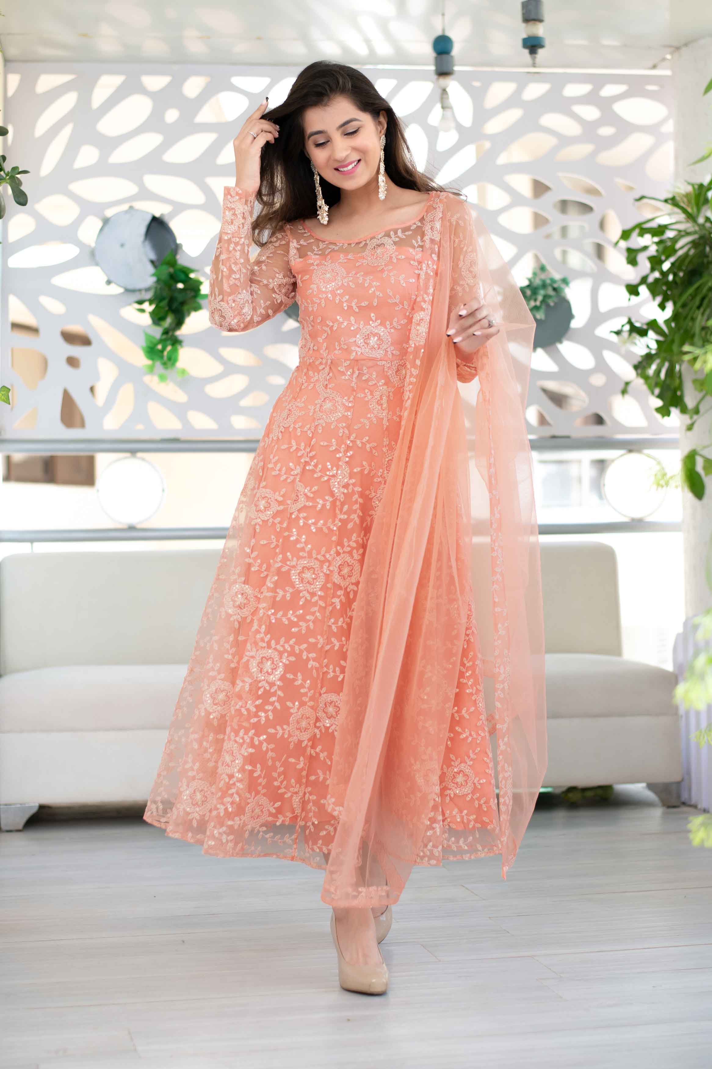 Women's Peach Heavy Thread Work Anarkali Suit Set With Net Dupatta (3 Pc Set) - Label Shaurya Sanadhya USA