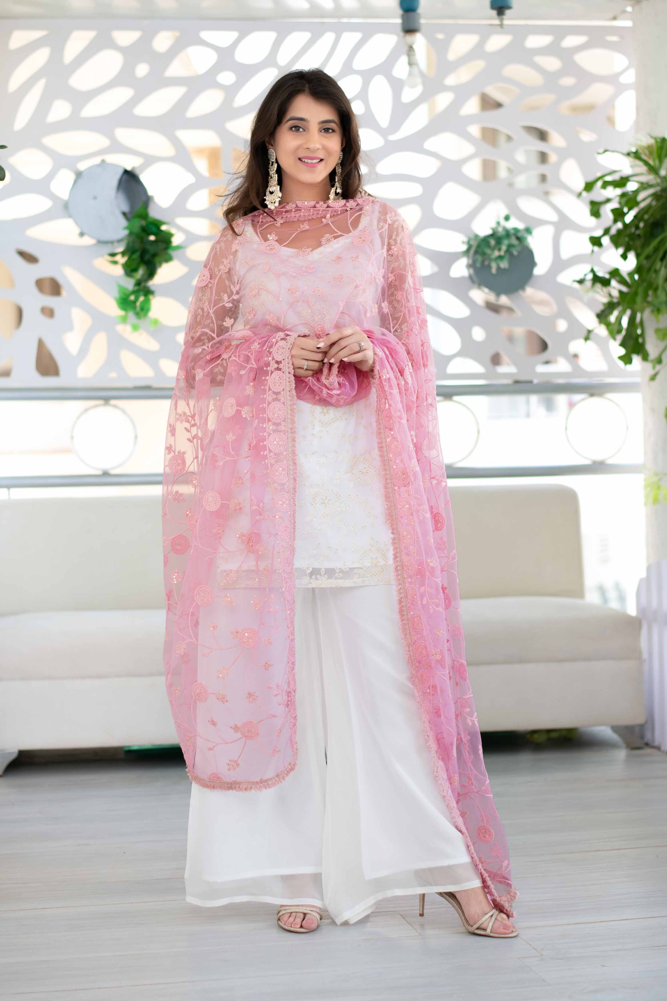 Women's White Palazzo Suit Set With Heavy Thread Work Pink Dupatta (3pcs Set)