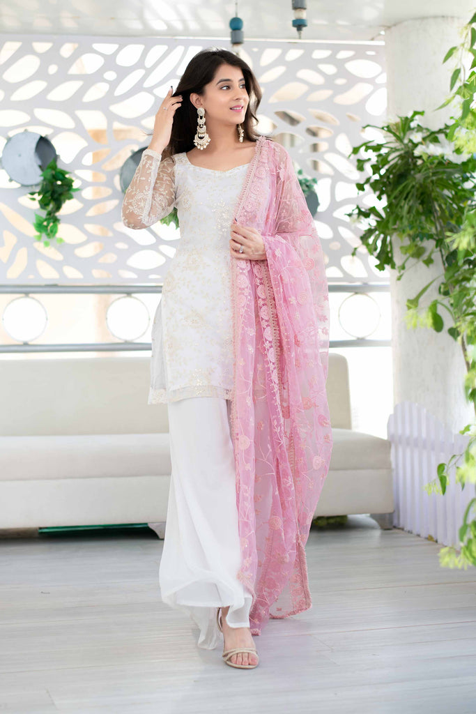 Women's White Palazzo Suit Set With Heavy Thread Work Pink Dupatta (3pcs Set) - USA Ready-To-Ship