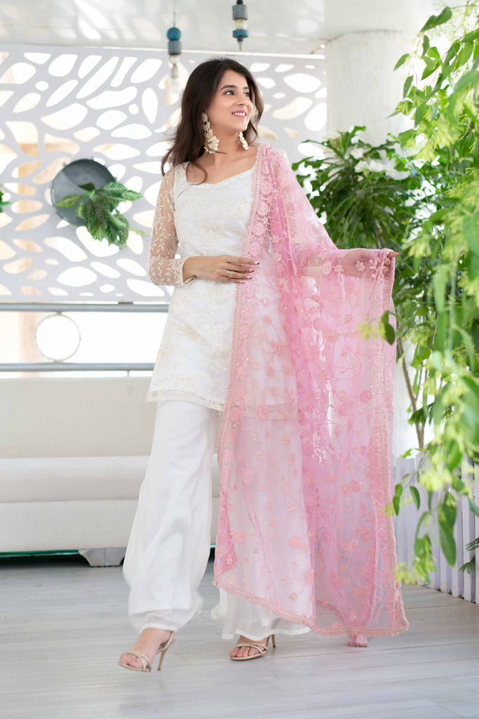 Women's White Palazzo Suit Set With Heavy Thread Work Pink Dupatta (3pcs Set) - USA Ready-To-Ship