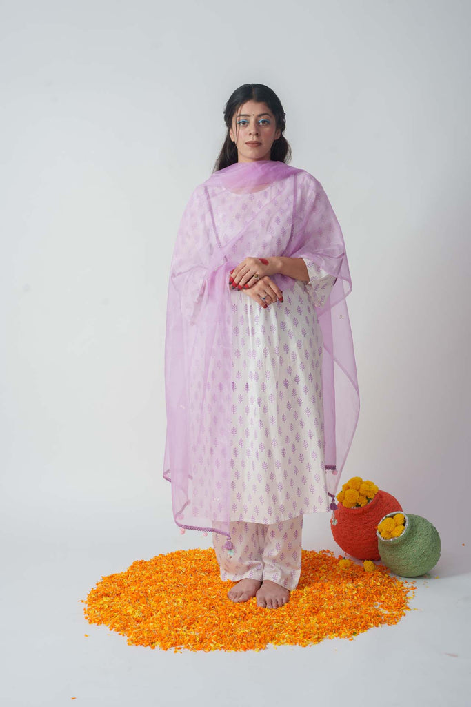 Wome's Purple Cotton Block Print And Sequins Details Kurta Set