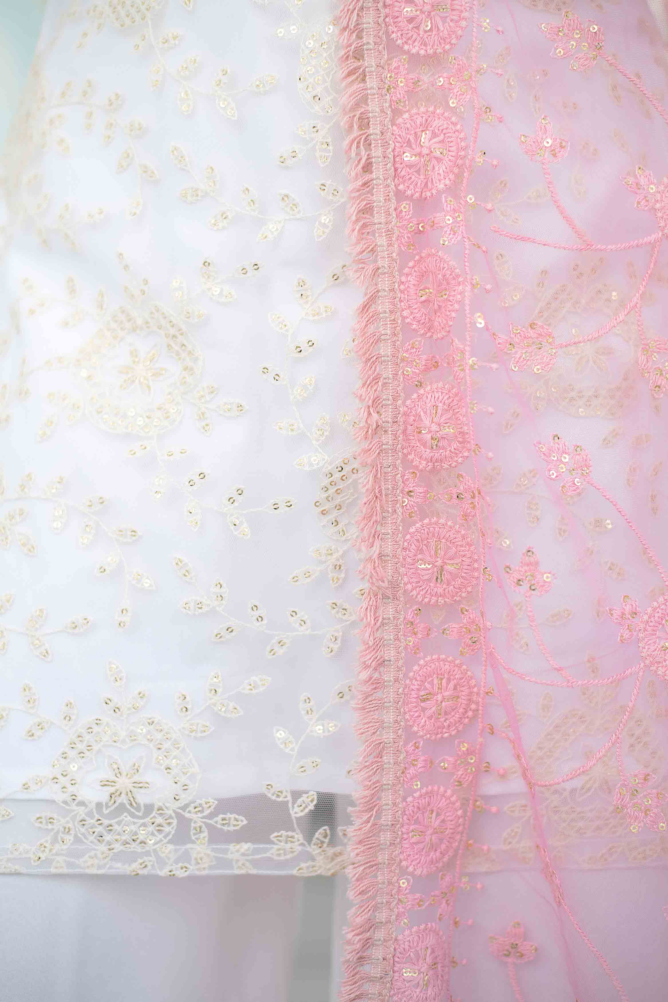 Women's White Palazzo Suit Set With Heavy Thread Work Pink Dupatta (3pcs Set)