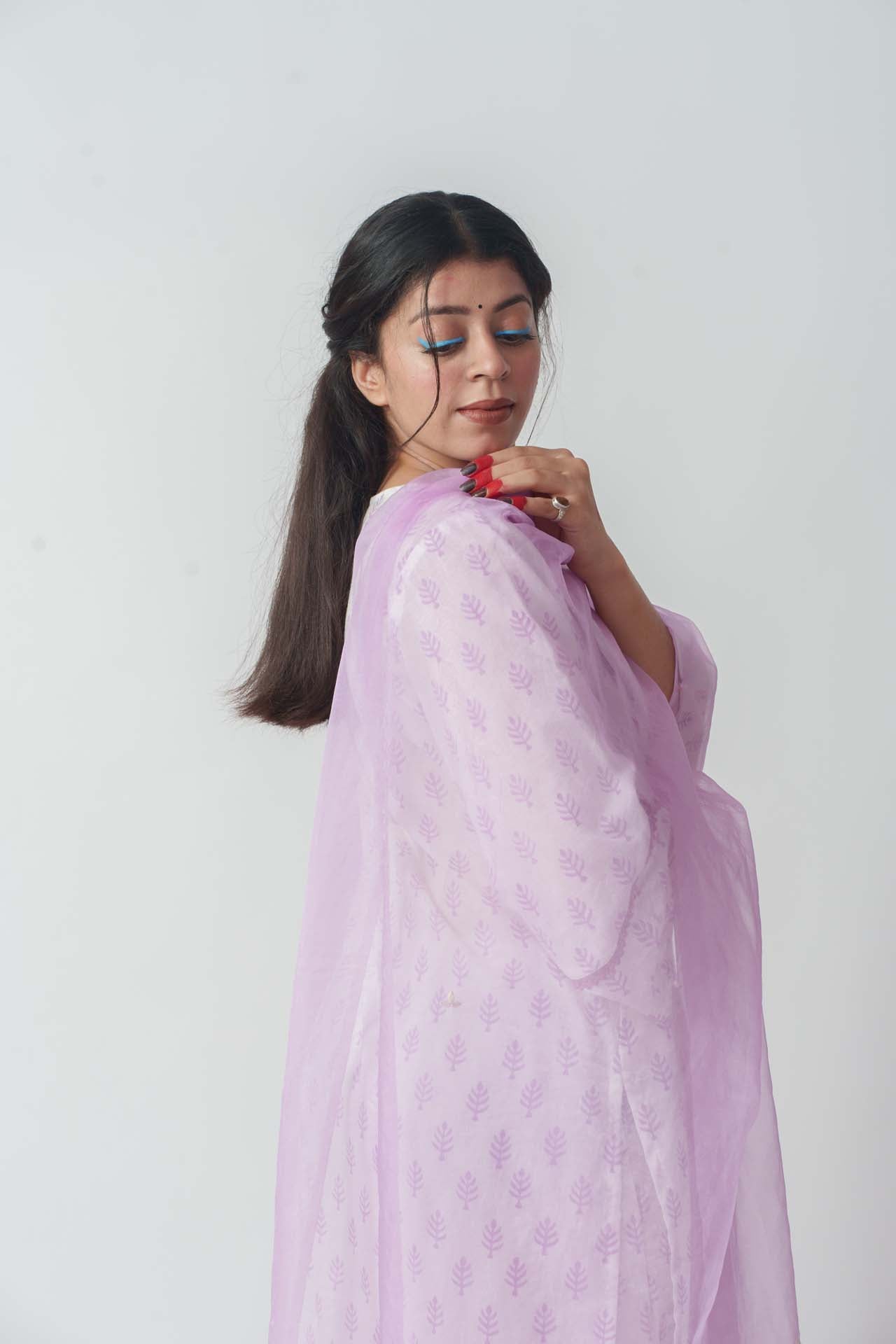 Wome's Purple Cotton Block Print And Sequins Details Kurta Set