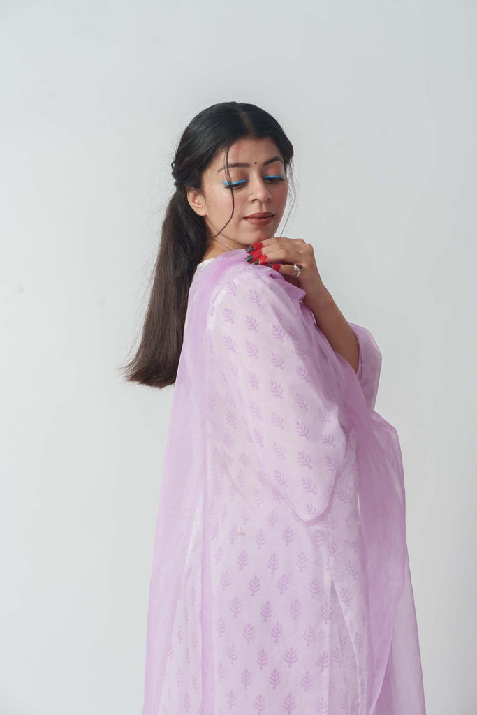 Wome's Purple Cotton Block Print And Sequins Details Kurta Set