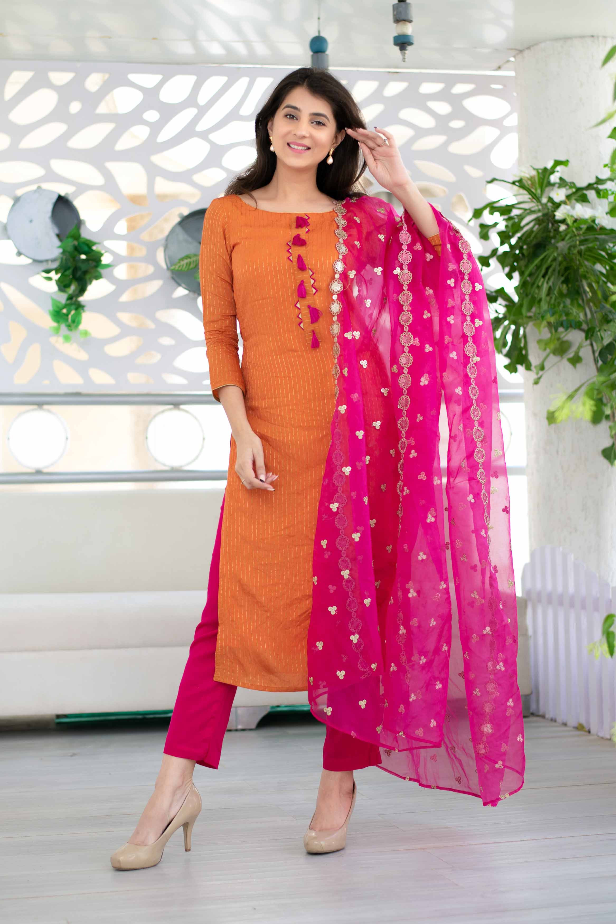 Women's Orange And Pink Chanderi Suit Set With Organza Dup