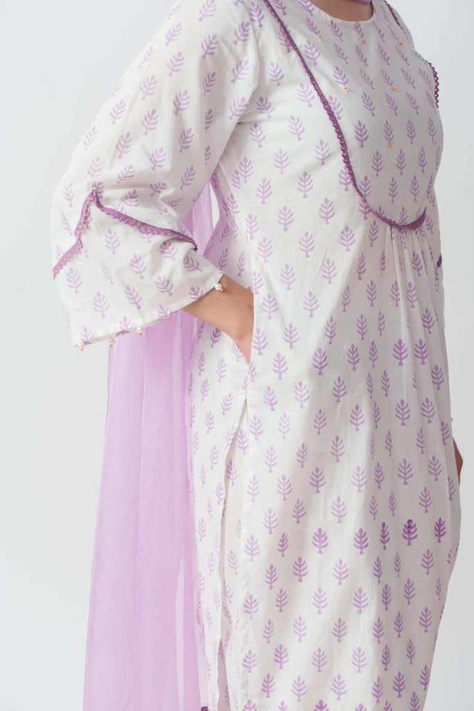 Wome's Purple Cotton Block Print And Sequins Details Kurta Set