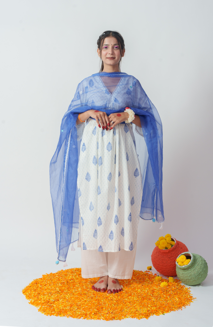 Women's Blue Pure Cotton  Block Print And Sequins Details Kurta Sets - Aruma India