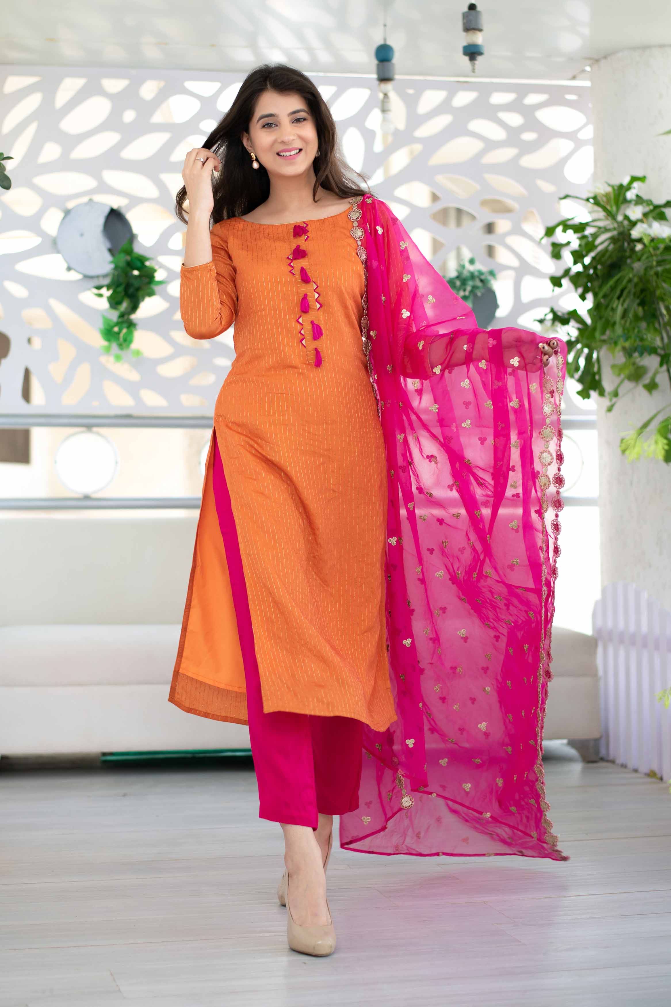 Women's Orange And Pink Chanderi Suit Set With Organza Dup