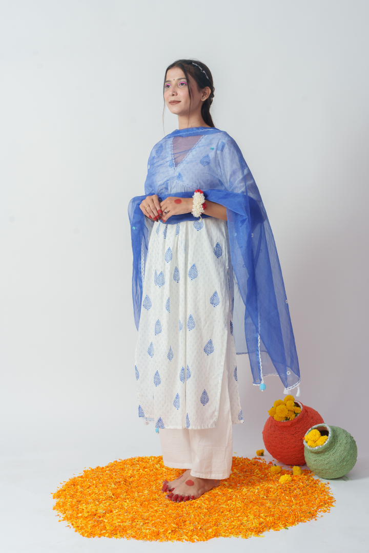 Women's Blue Pure Cotton  Block Print And Sequins Details Kurta Sets - Aruma India