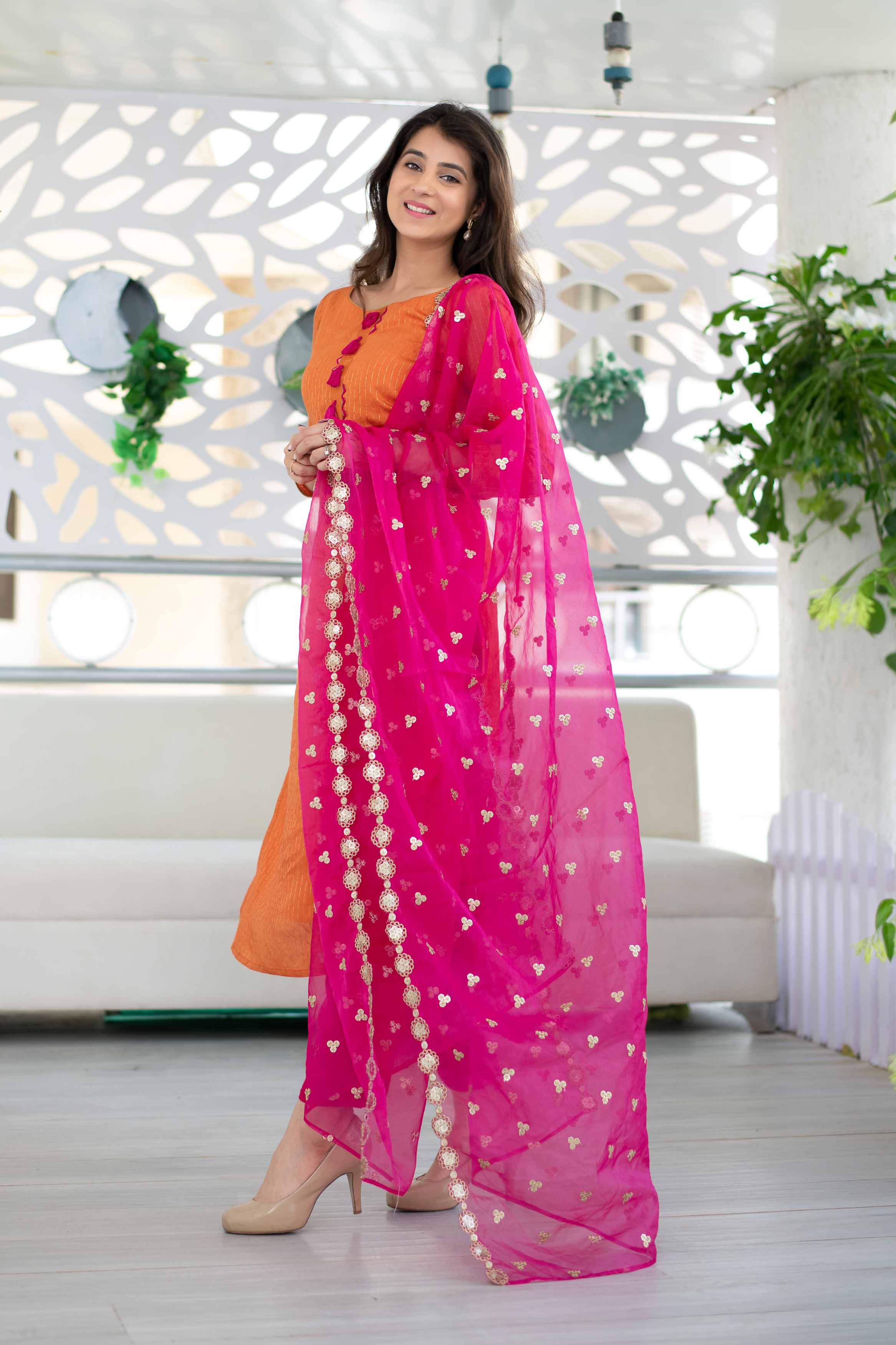 Women's Orange And Pink Chanderi Suit Set With Organza Dup