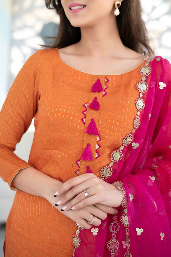 Women's Orange And Pink Chanderi Suit Set With Organza