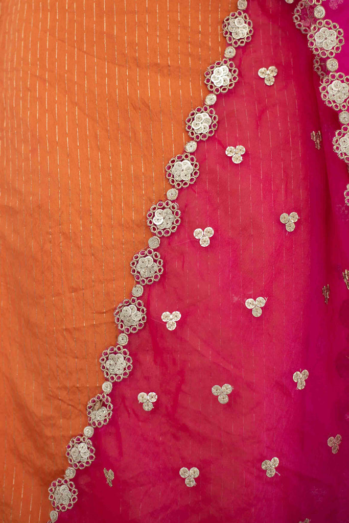 Women's Orange And Pink Chanderi Suit Set With Organza