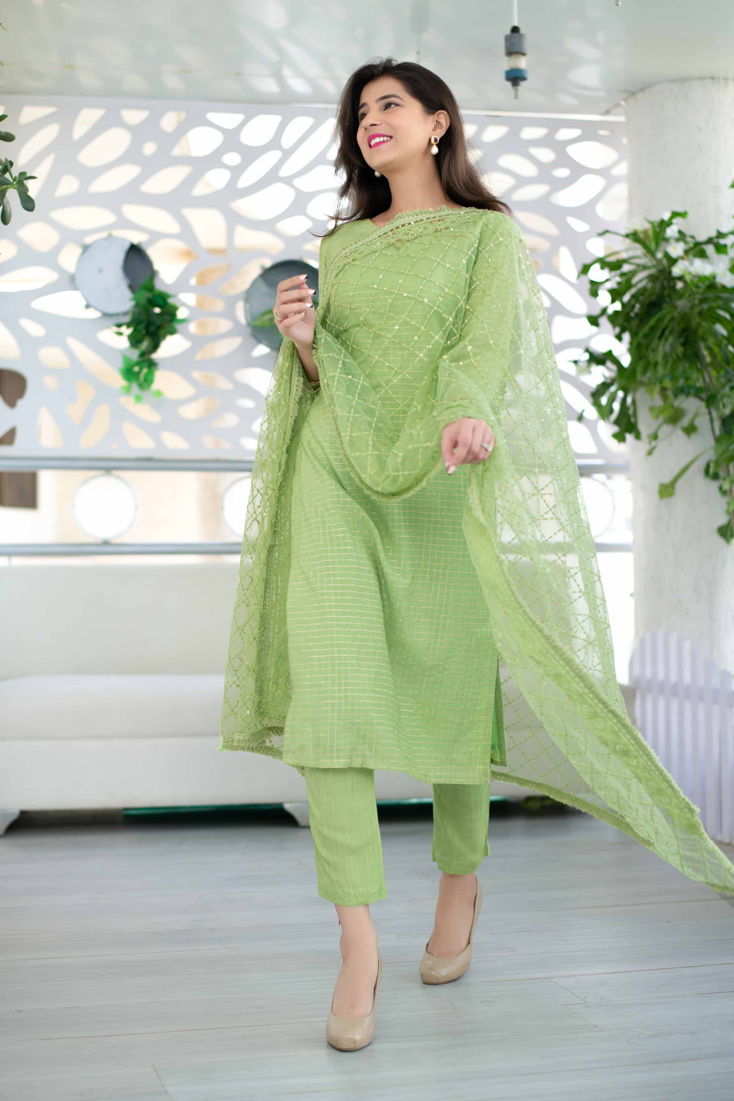 Women's Light Green Chanderi Suit Set With Heavy Net Dupatta (3pcs set) - Label Shaurya Sanadhya USA