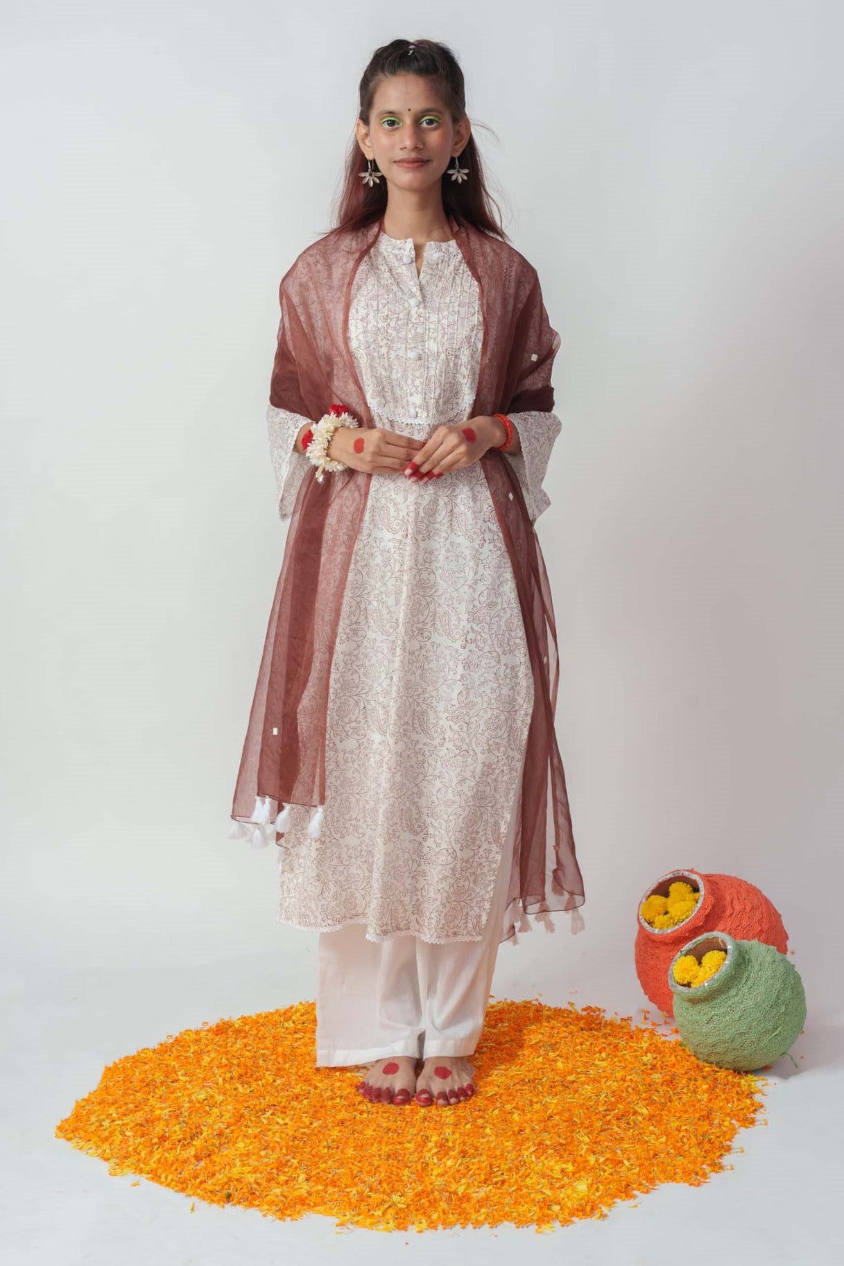 Wome's Brown Cotton Block Print And Sequins Details Kurta Set
