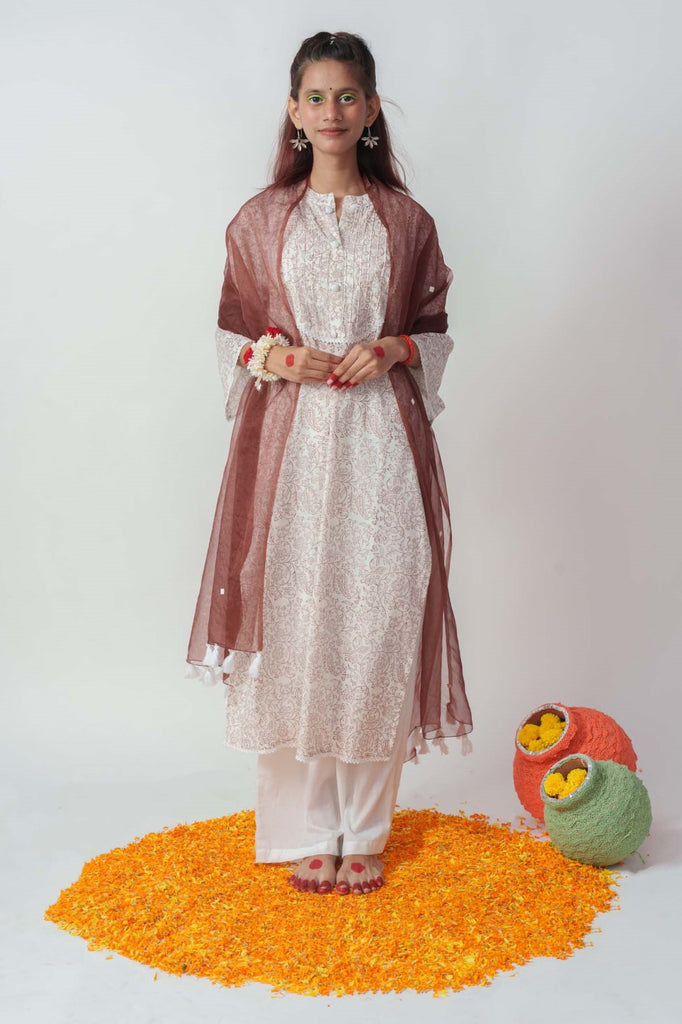 Wome's Brown Cotton Block Print And Sequins Details Kurta Set