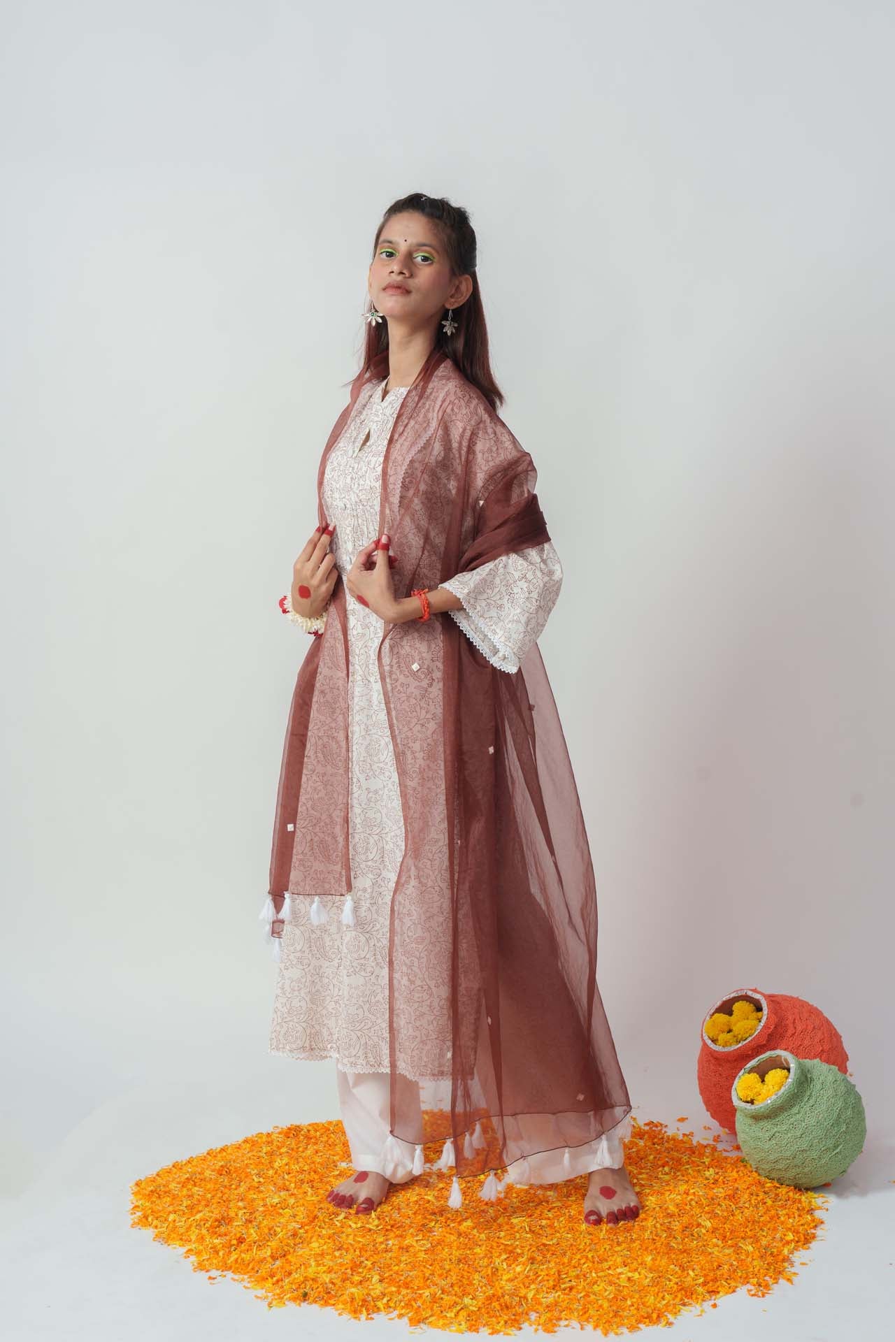 Wome's Brown Cotton Block Print And Sequins Details Kurta Set