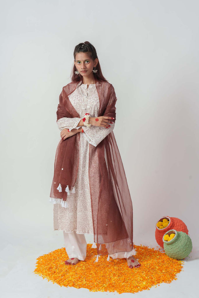 Wome's Brown Cotton Block Print And Sequins Details Kurta Set
