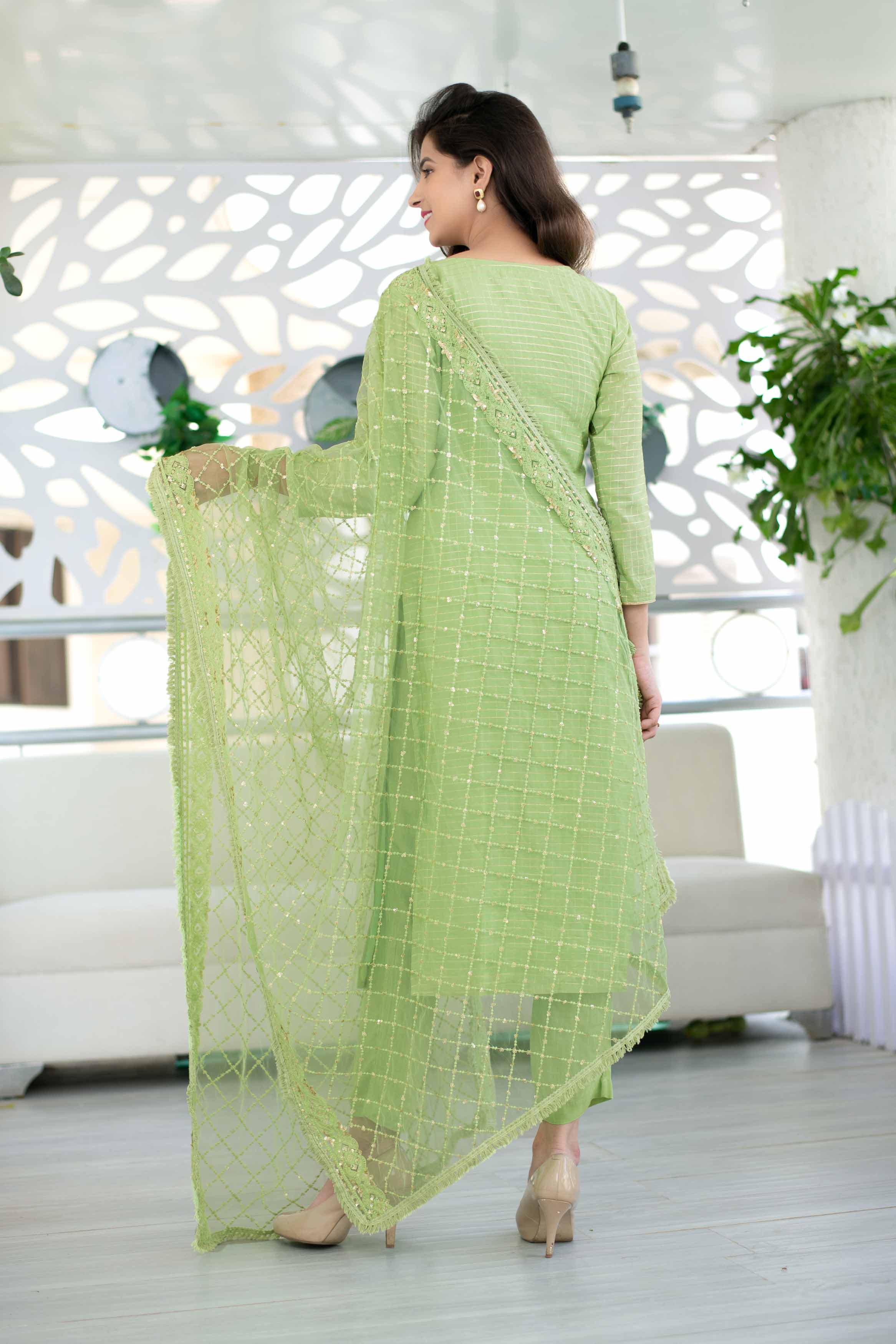 Women's Light Green Chanderi Suit Set With Heavy Net Dupatta (3pcs set)