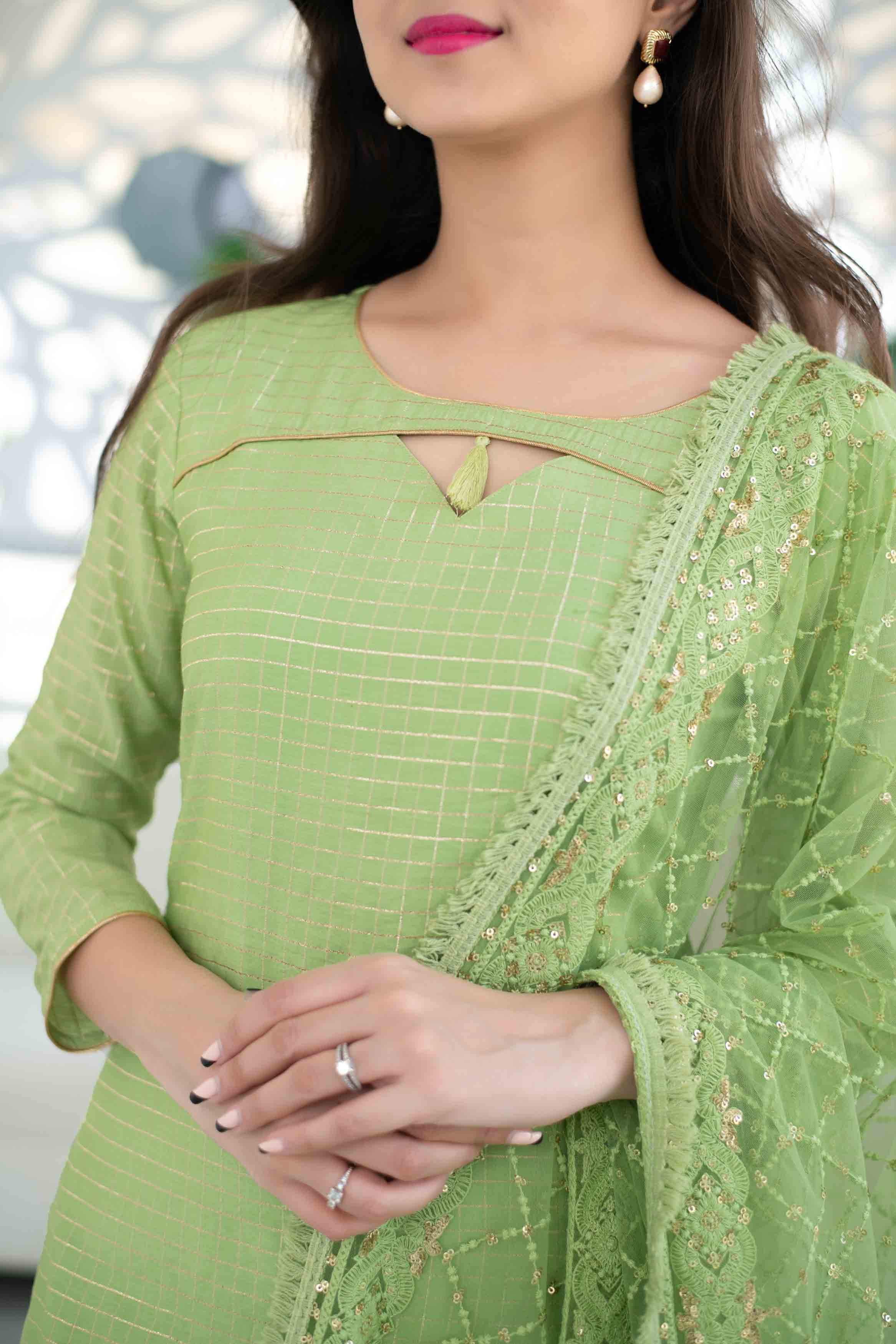 Women's Light Green Chanderi Suit Set With Heavy Net Dupatta (3pcs set)